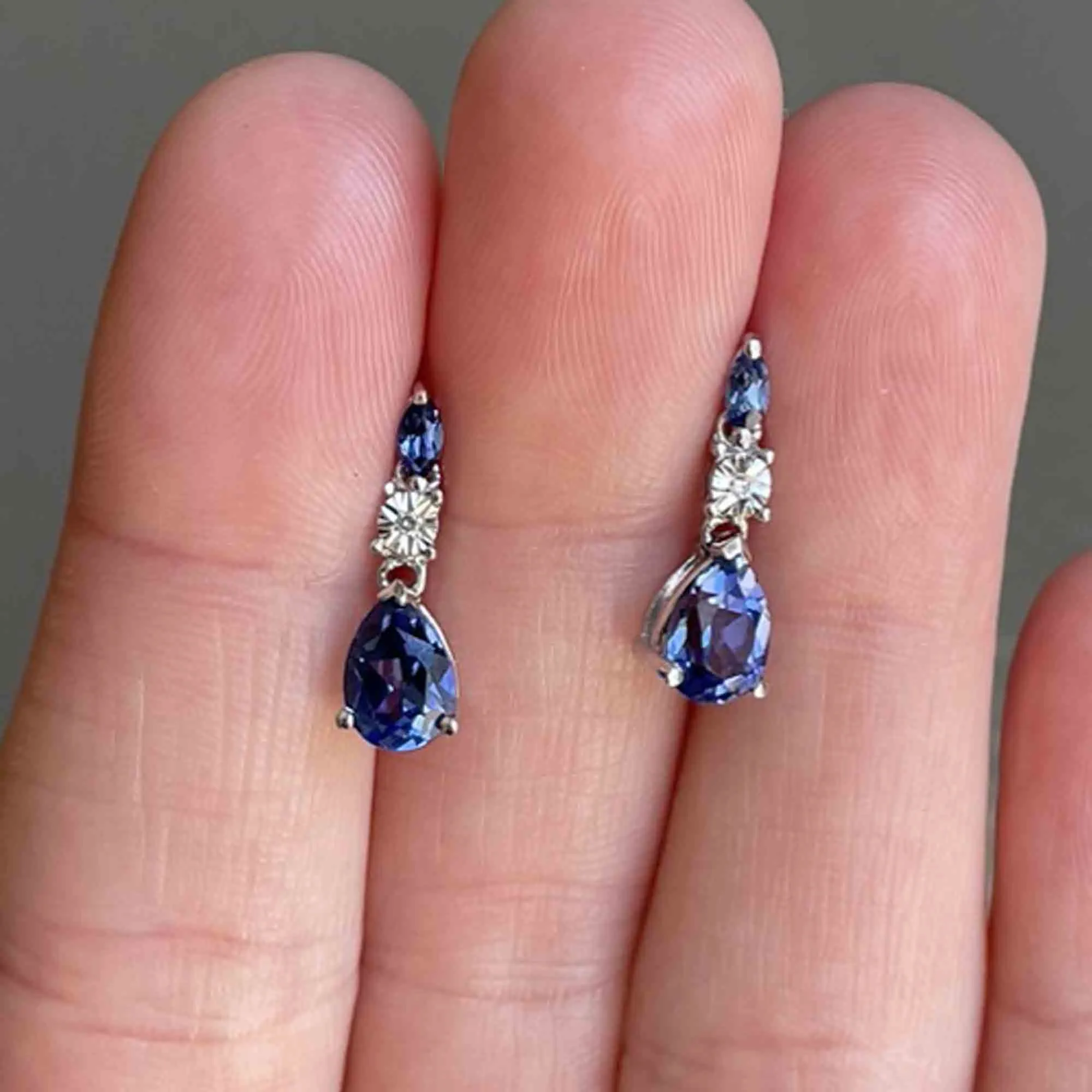 10K White Gold Diamond Sapphire Drop Earrings