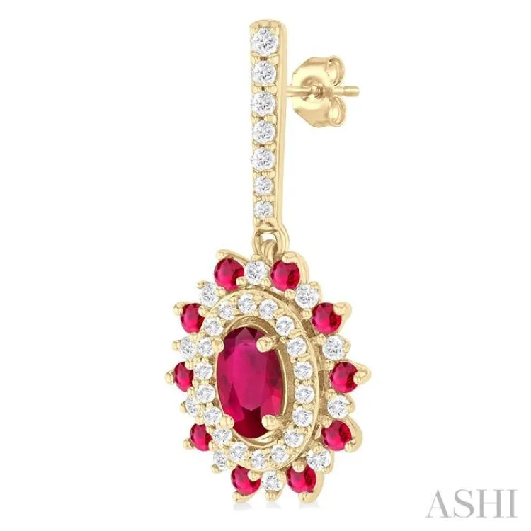 1/3 ctw 5X3MM & 1.45MM Ruby and Round Cut Diamond Precious Earring in 14K Yellow Gold