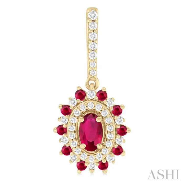 1/3 ctw 5X3MM & 1.45MM Ruby and Round Cut Diamond Precious Earring in 14K Yellow Gold