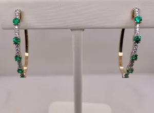 14K Emerald & Diamond Hoop Earrings