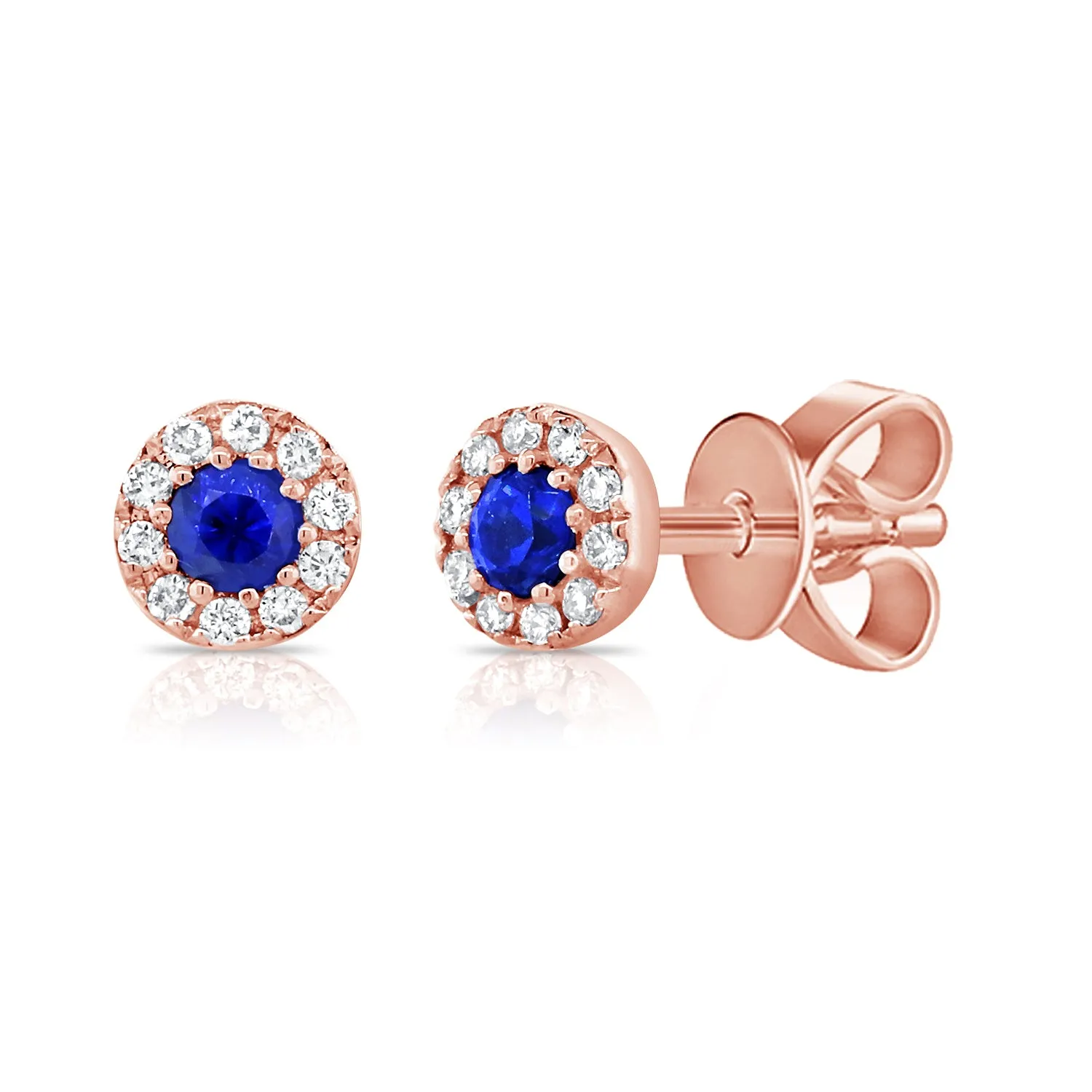 14k Gold Blue Sapphire & Diamond Round Stud Earrings