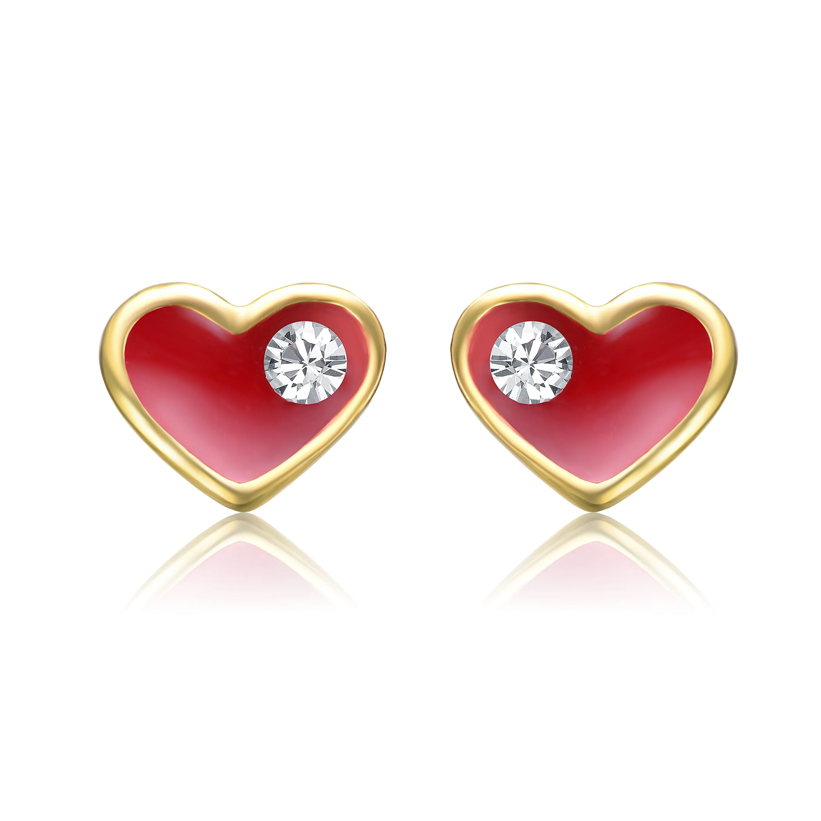 14k Gold Plated Clear Cubic Zirconia & Red Enamel Heart Stud Earrings