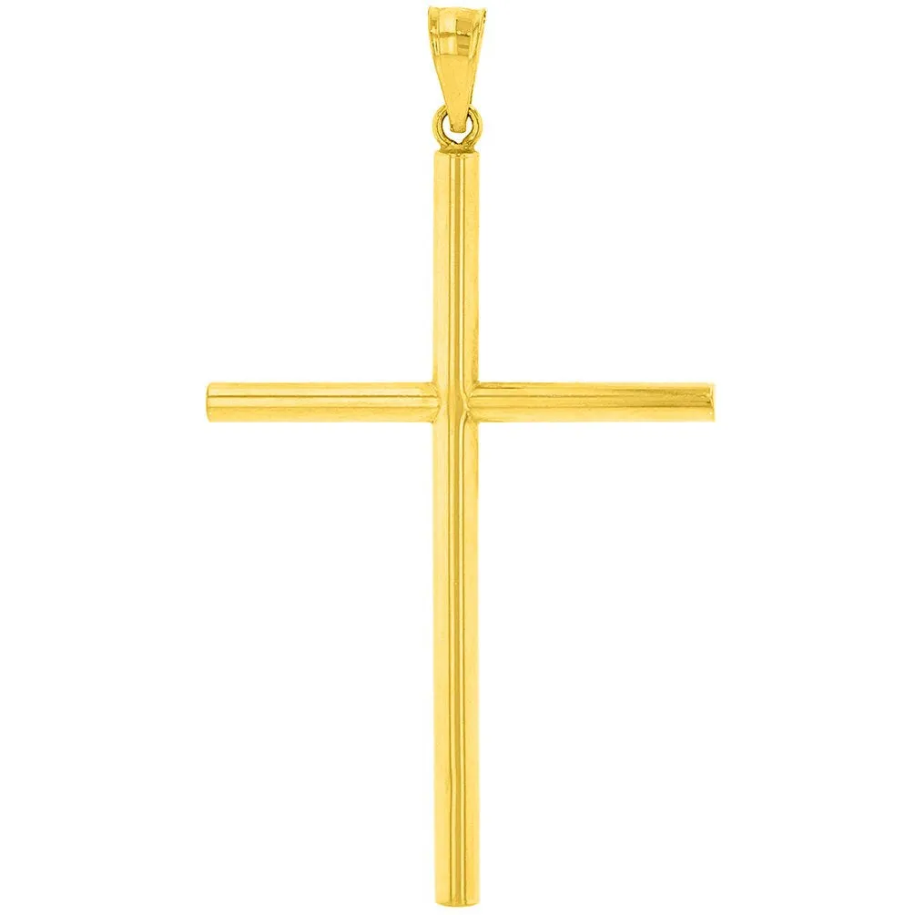 14K Gold Polised Large Plain Tube Cross Pendant with Figaro Chain Necklace - Yellow Gold