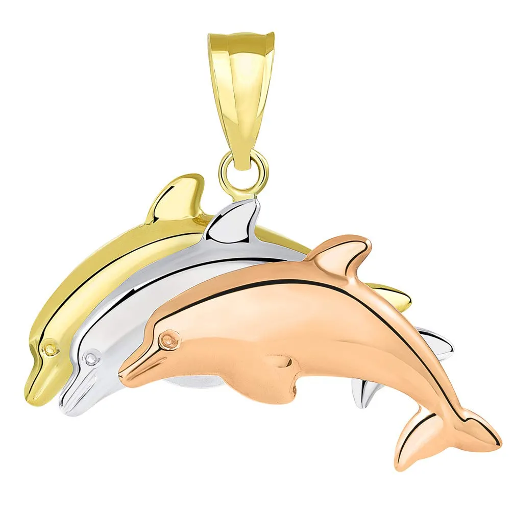 14k Tri-Color Gold 3D Three Dolphins Jumping Together Pendant