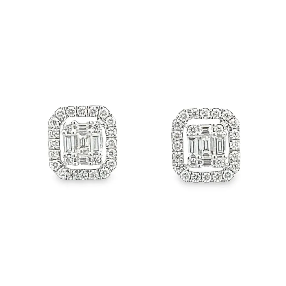 14K White Gold Diamond Emerald Cut Studs