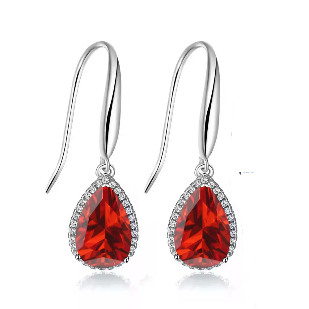 14k White Gold Plated 1/2 Ct Created Ruby Teardrop Earrings