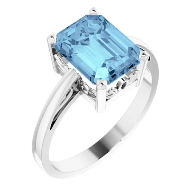 14K White Natural Aquamarine Scroll Setting® Ring