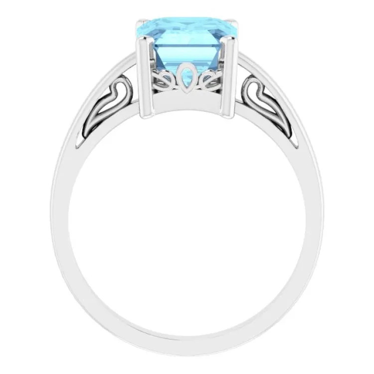 14K White Natural Aquamarine Scroll Setting® Ring