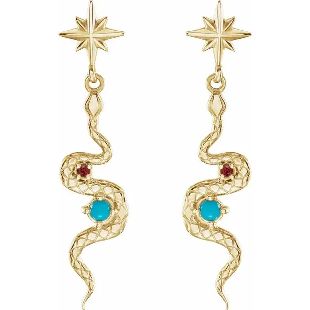 14K Yellow Gold Natural Turquoise & Natural Ruby Snake Earrings