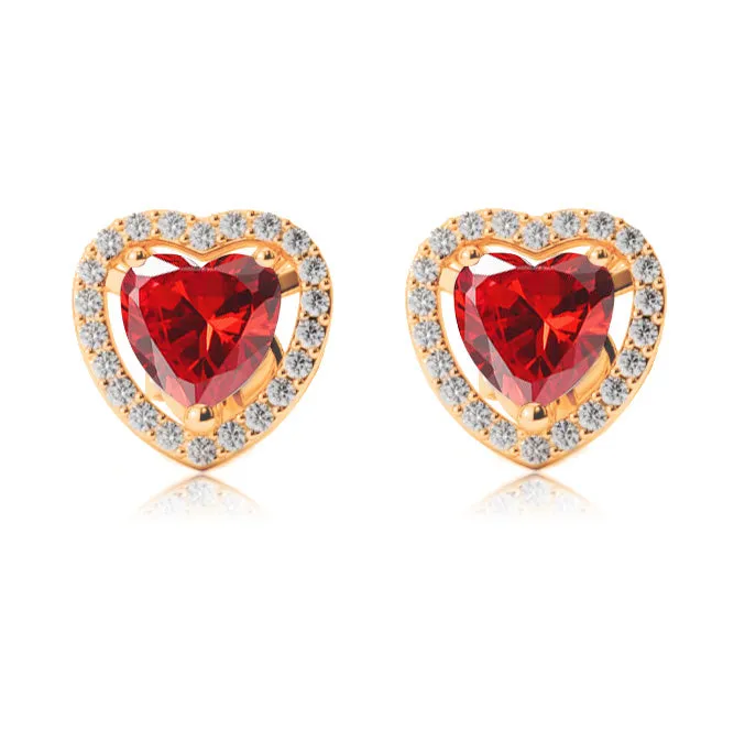 14k Yellow Gold Plated 1 Ct Created Halo Heart Ruby Stud Earrings