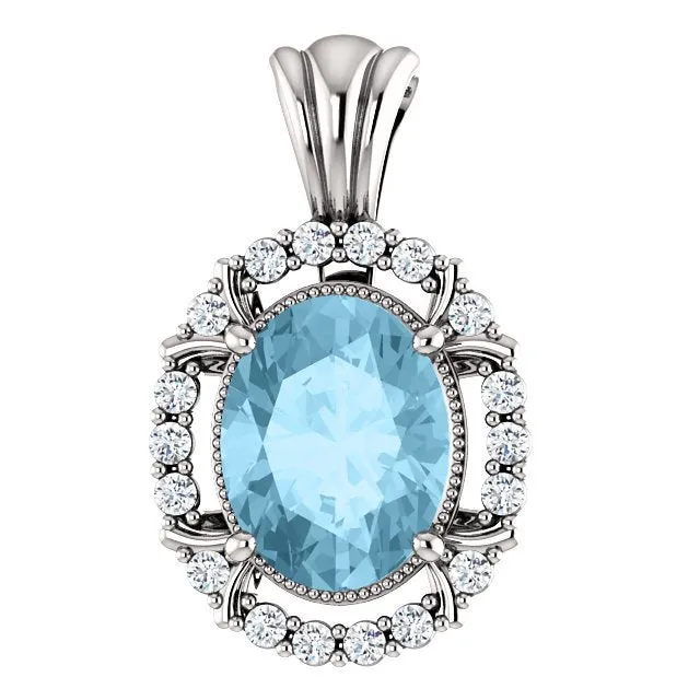 14KT GOLD 1.70 CT AQUAMARINE & .17 CTW DIAMOND OVAL HALO PENDANT