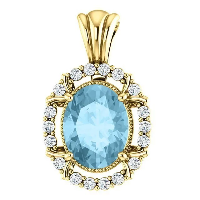 14KT GOLD 1.70 CT AQUAMARINE & .17 CTW DIAMOND OVAL HALO PENDANT