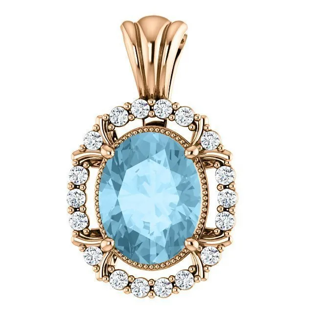 14KT GOLD 1.70 CT AQUAMARINE & .17 CTW DIAMOND OVAL HALO PENDANT