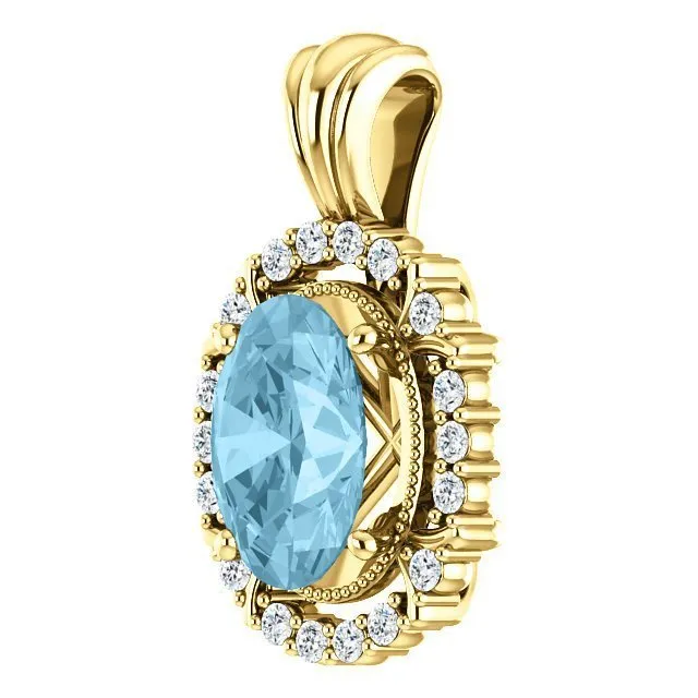 14KT GOLD 1.70 CT AQUAMARINE & .17 CTW DIAMOND OVAL HALO PENDANT