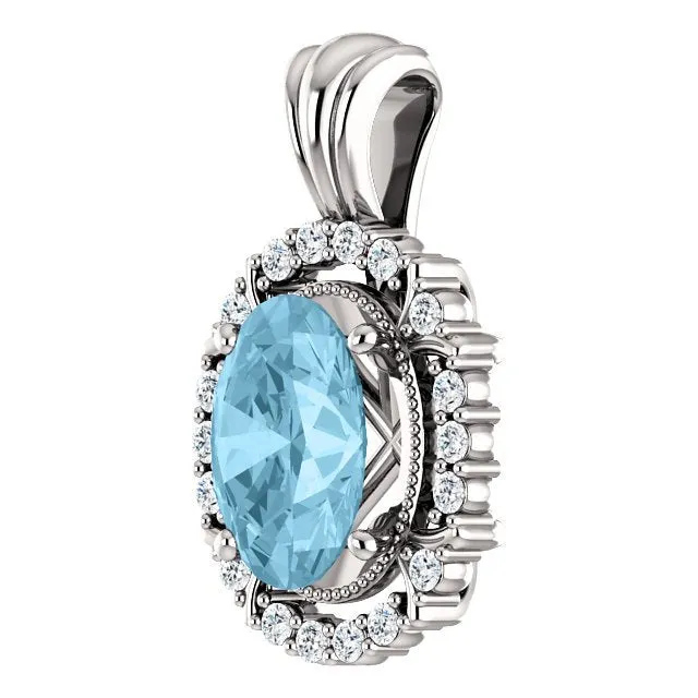 14KT GOLD 1.70 CT AQUAMARINE & .17 CTW DIAMOND OVAL HALO PENDANT