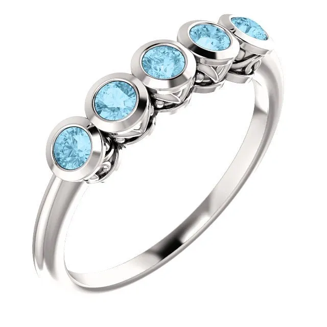 14KT GOLD 3/10 CTW ROUND AQUAMARINE 5 STONE RING