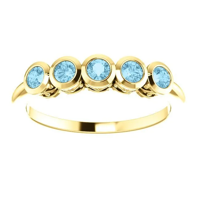 14KT GOLD 3/10 CTW ROUND AQUAMARINE 5 STONE RING