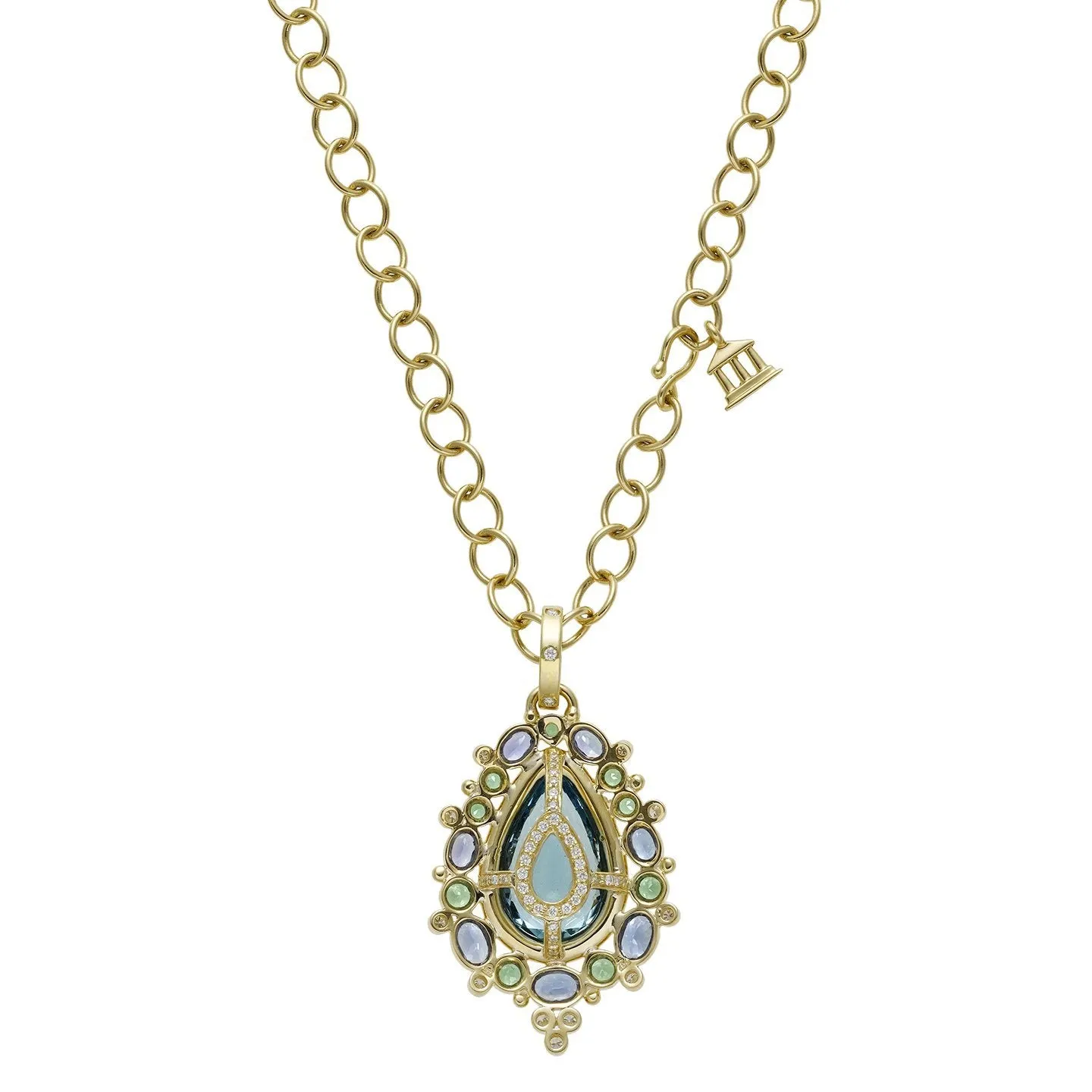 18K Artemis Pendant with santa maria aquamarine, tsavorite, tanzanite and diamond pavé