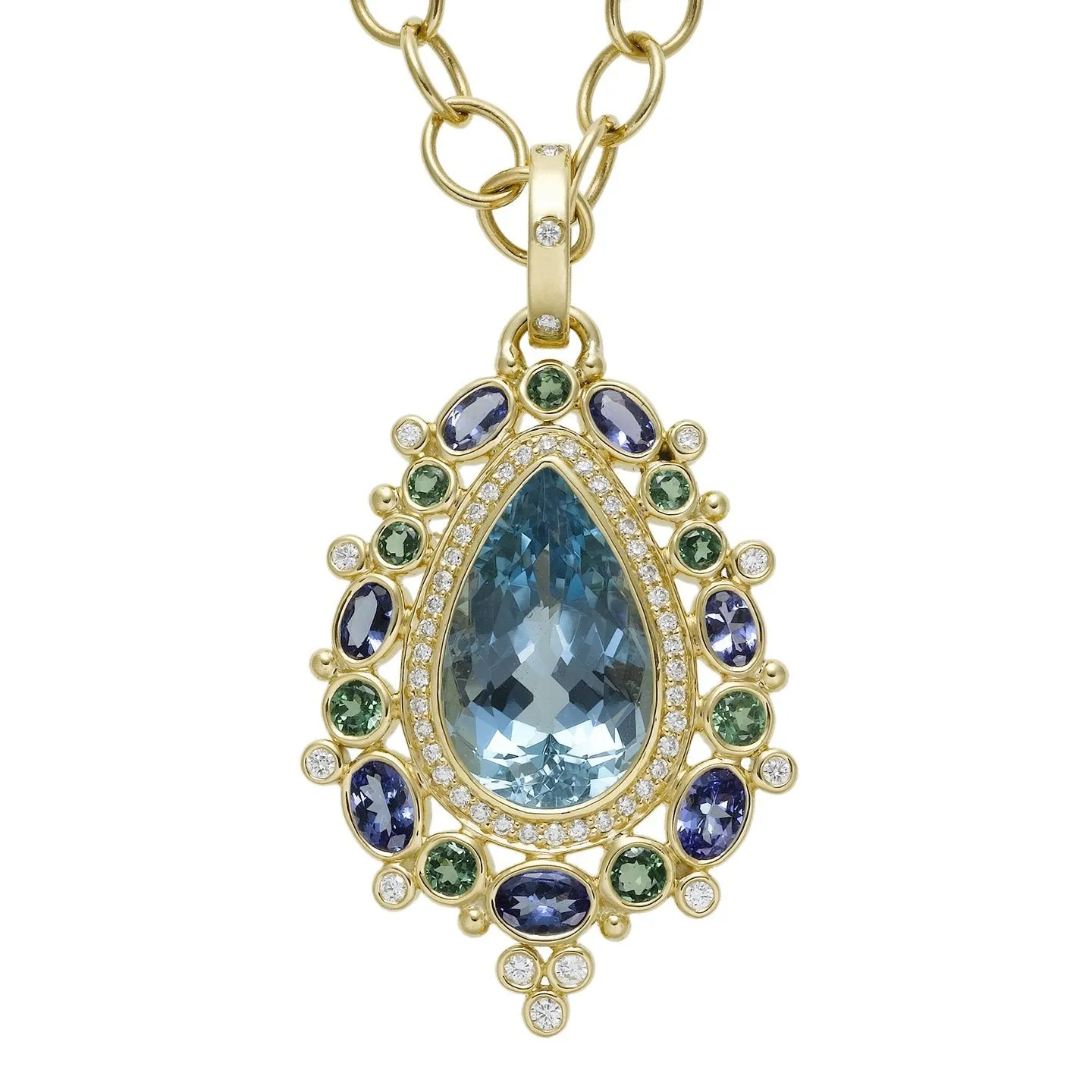 18K Artemis Pendant with santa maria aquamarine, tsavorite, tanzanite and diamond pavé