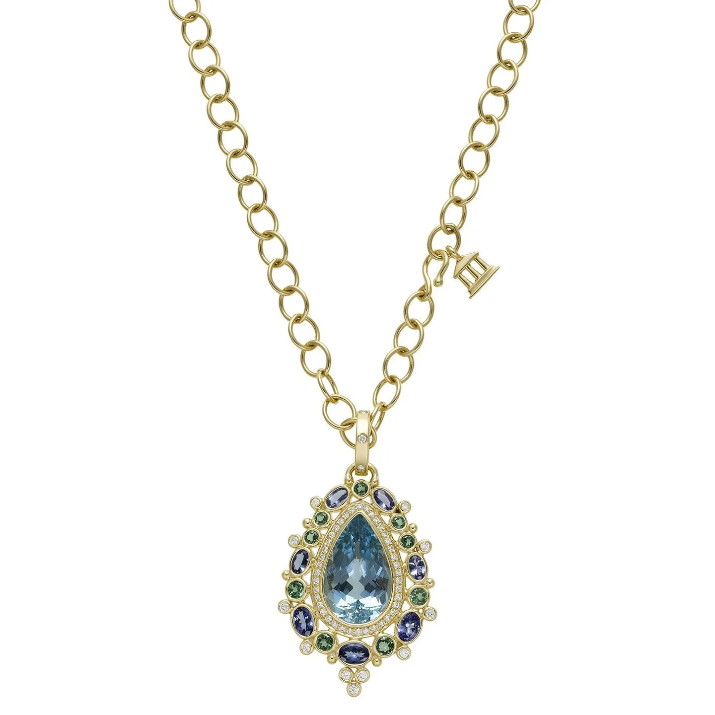 18K Artemis Pendant with santa maria aquamarine, tsavorite, tanzanite and diamond pavé