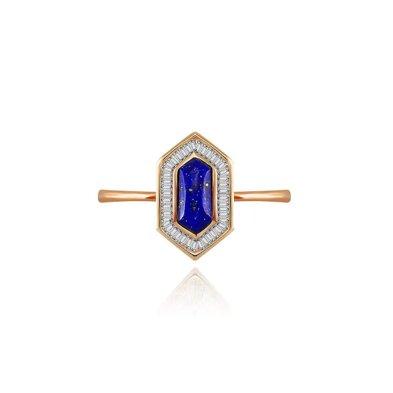 18k Gold Hexagonal Shape Lapis Diamond Ring