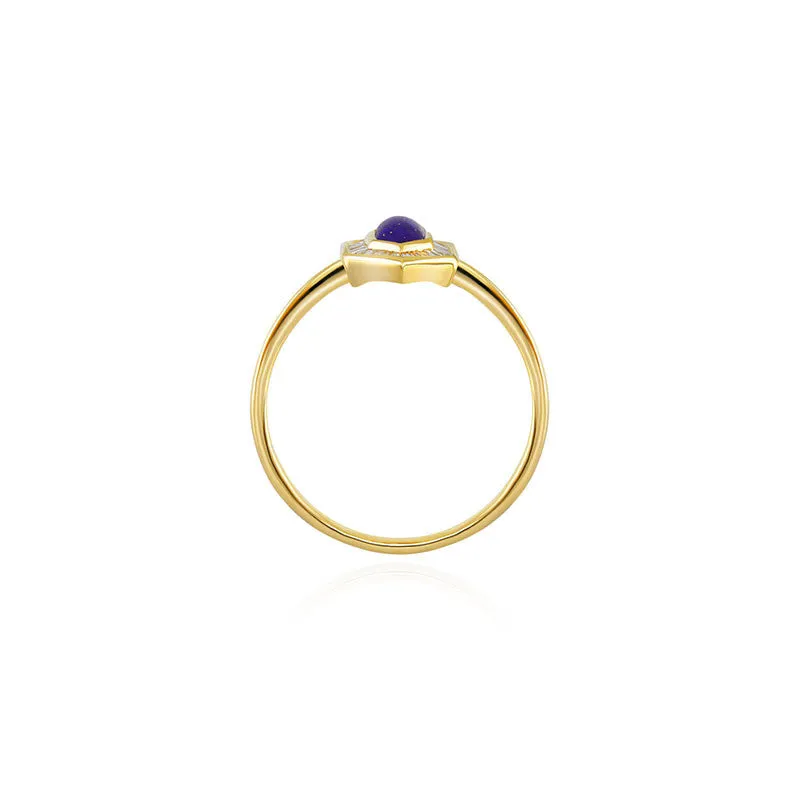 18k Gold Hexagonal Shape Lapis Diamond Ring