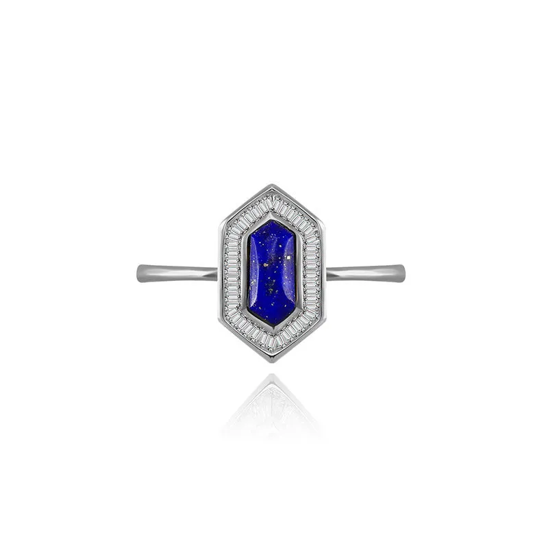 18k Gold Hexagonal Shape Lapis Diamond Ring