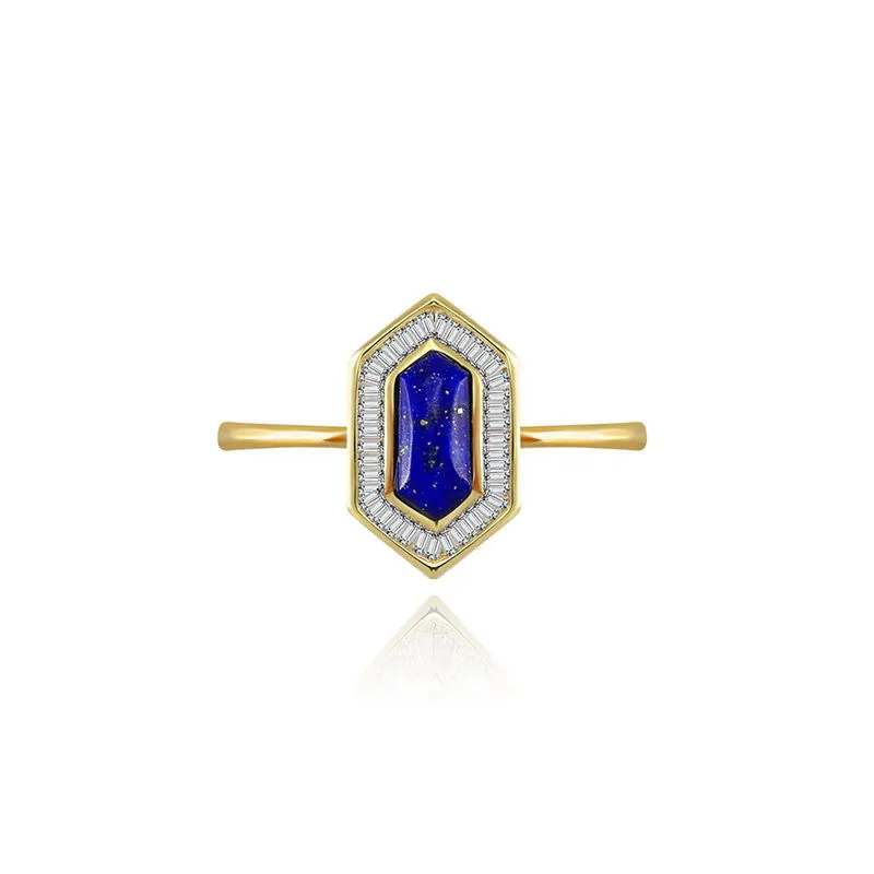 18k Gold Hexagonal Shape Lapis Diamond Ring