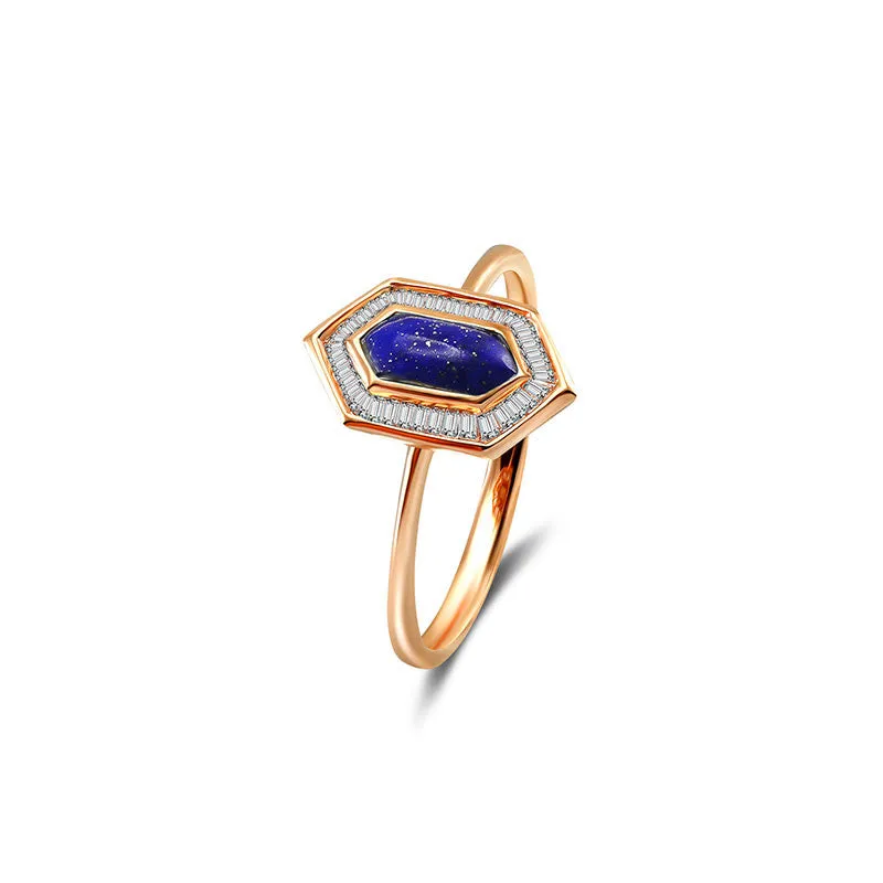 18k Gold Hexagonal Shape Lapis Diamond Ring