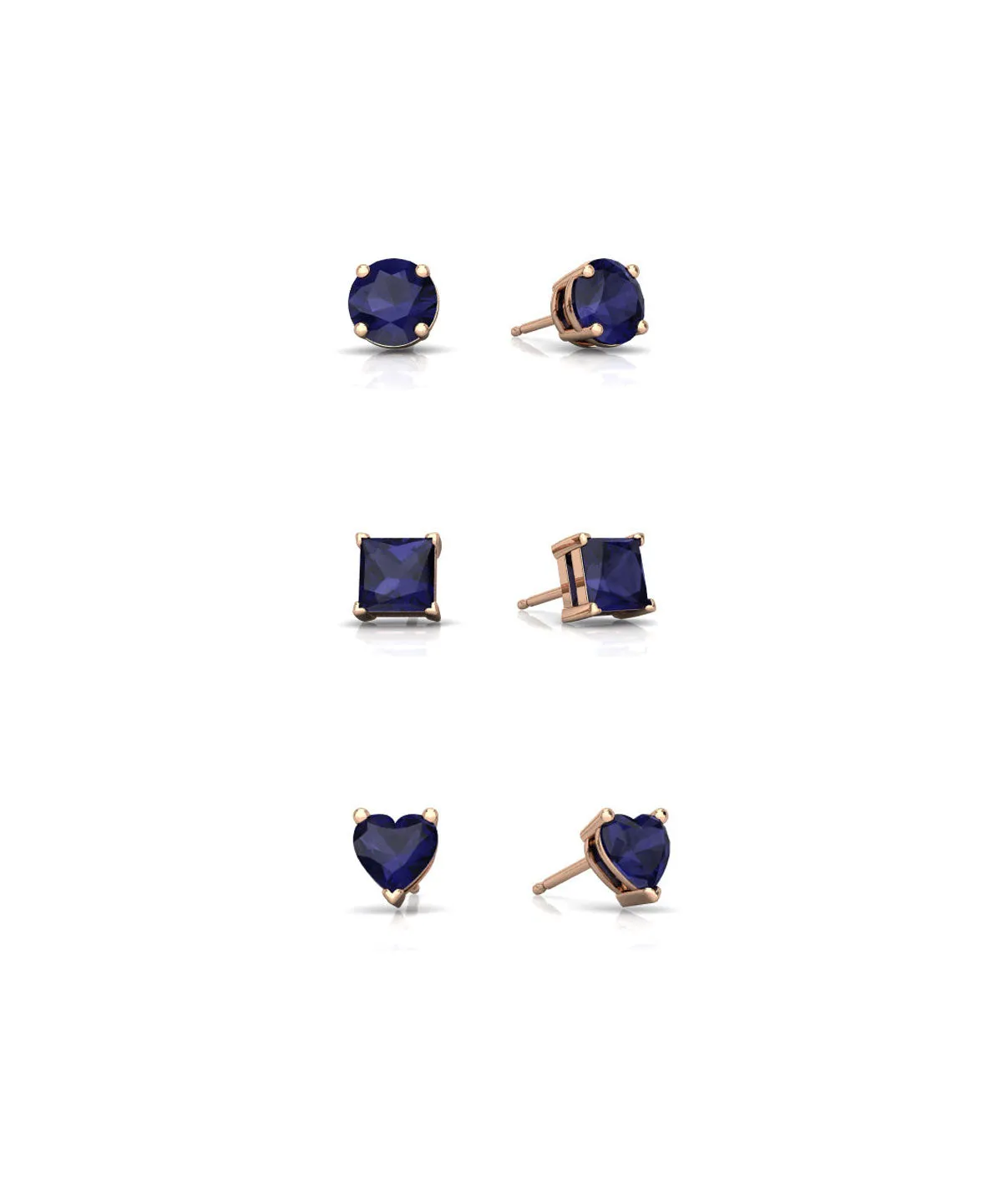 18k Rose Gold Plated 4Cttw Created Blue Sapphire 3 Pair Round, Square and Heart Stud Earrings