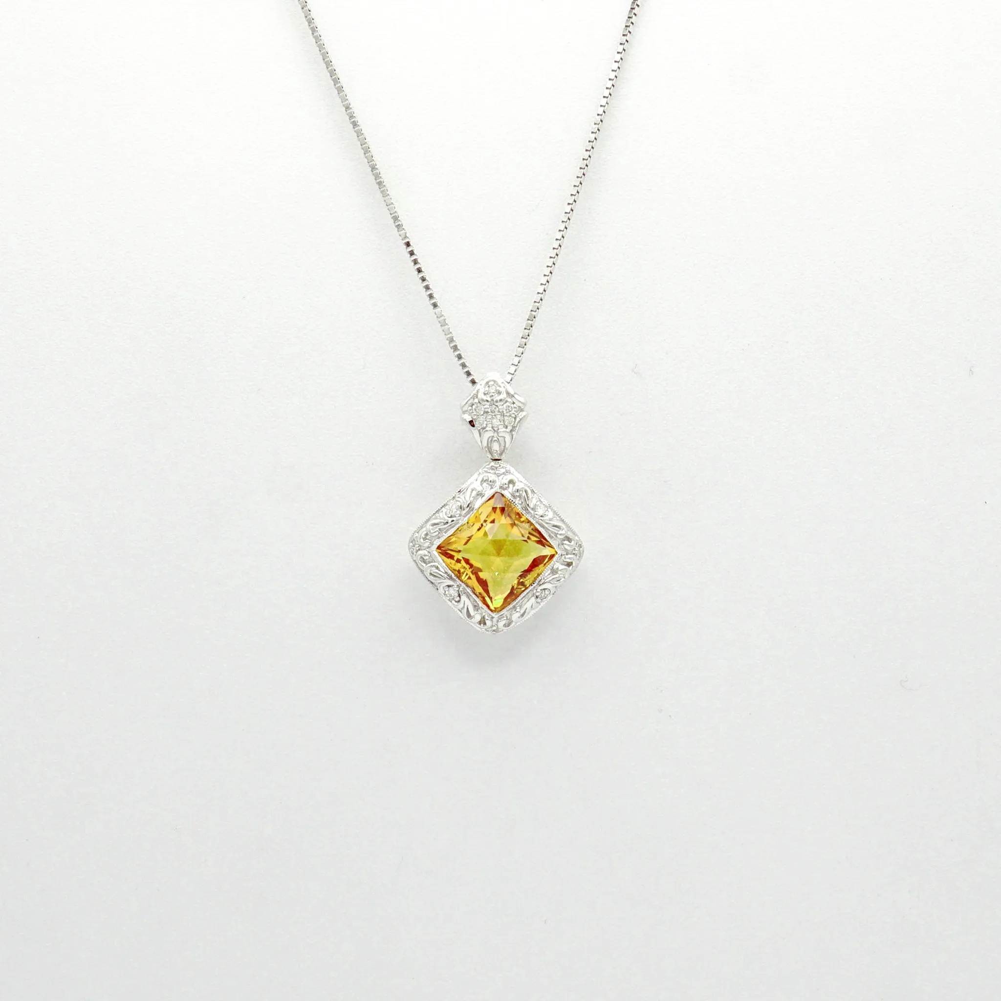 18K White Gold Citrine and Diamond Pendant and 16'' Necklace 14K White