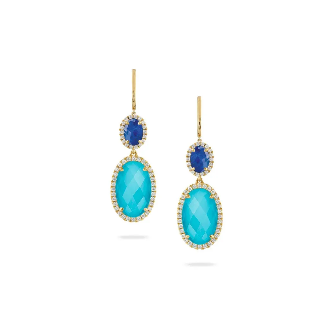 18kt Yellow Gold Diamond Earring with Lapis and Turquoise Stones