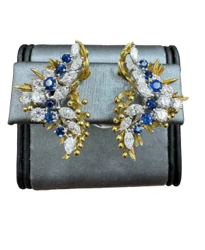 1970s Sapphire Diamond Clip On Yellow Gold Platinum Earrings