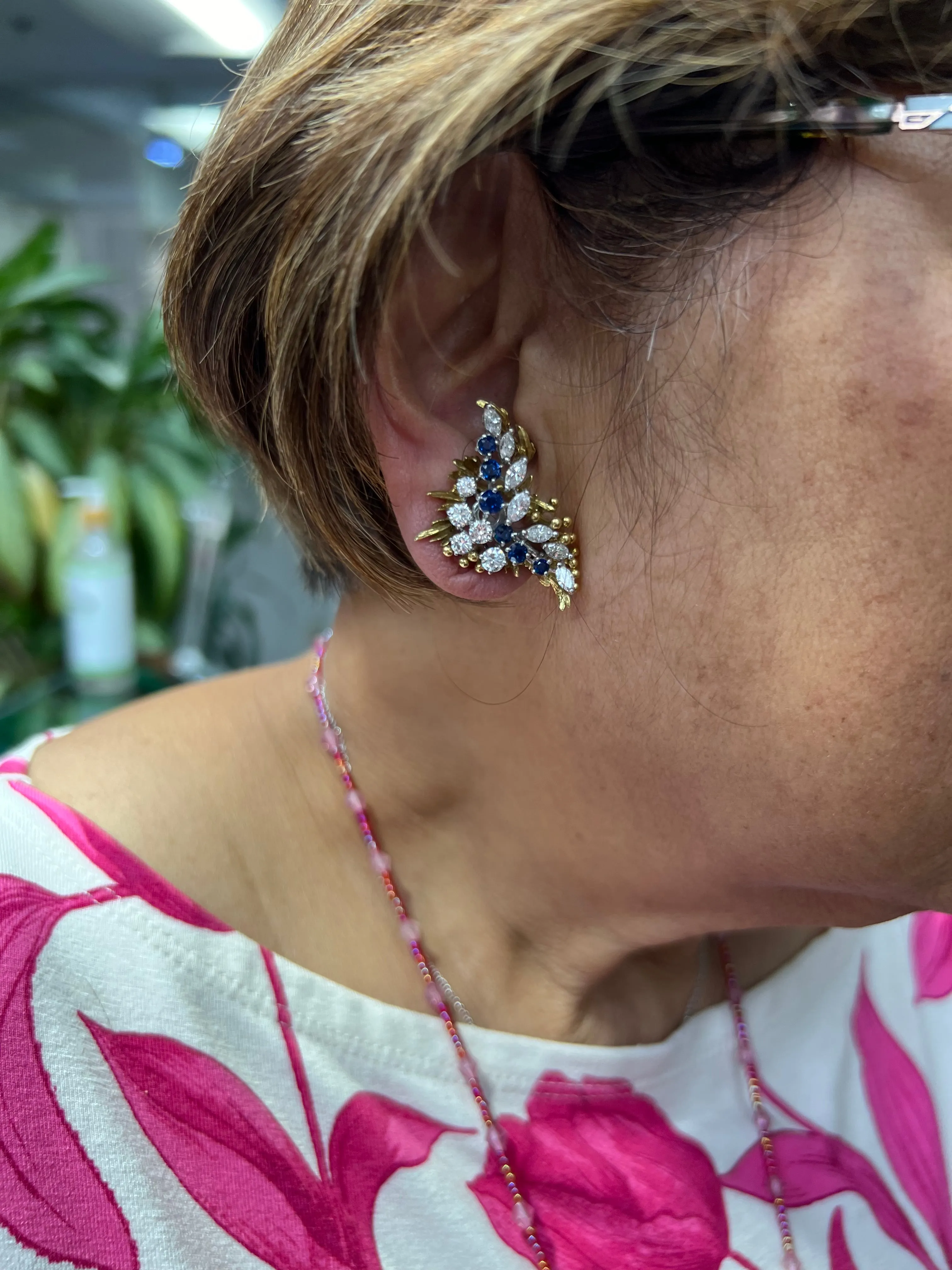 1970s Sapphire Diamond Clip On Yellow Gold Platinum Earrings