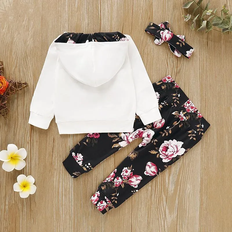 3-piece Retro Floral Splice Hoodie with Headband & Pants for Baby Girl