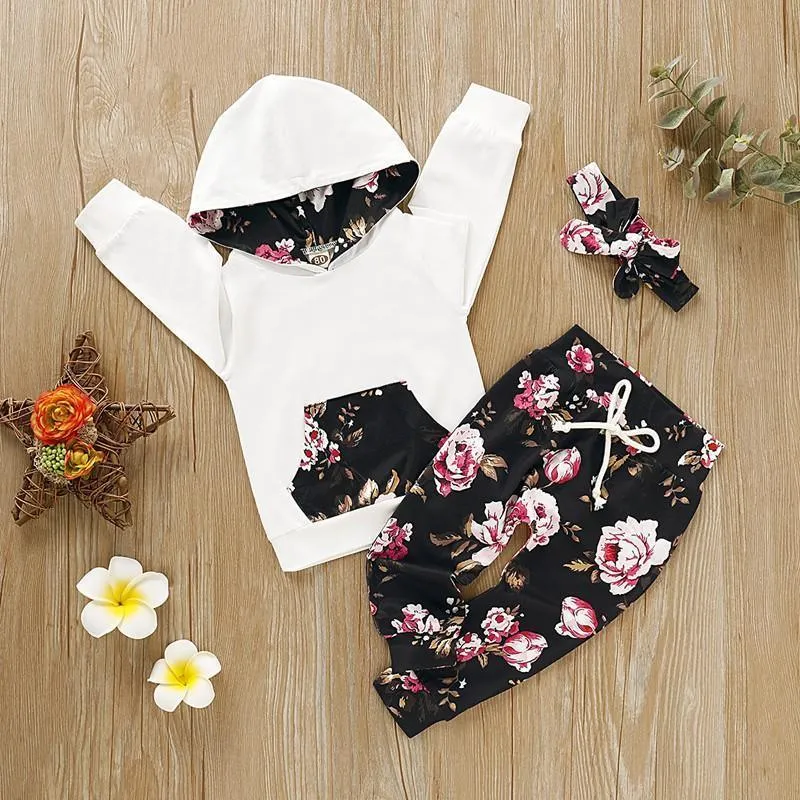 3-piece Retro Floral Splice Hoodie with Headband & Pants for Baby Girl