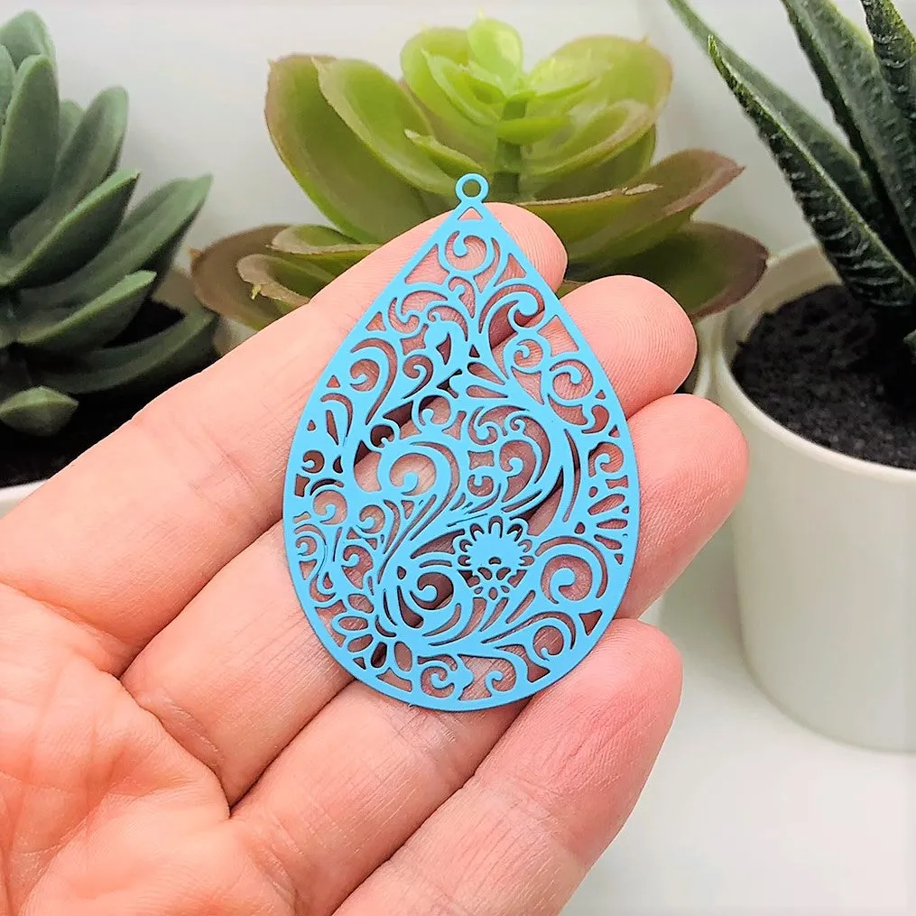 4 or 20 Pieces: Large Light Blue Filigree Teardrop Pendants - Double Sided