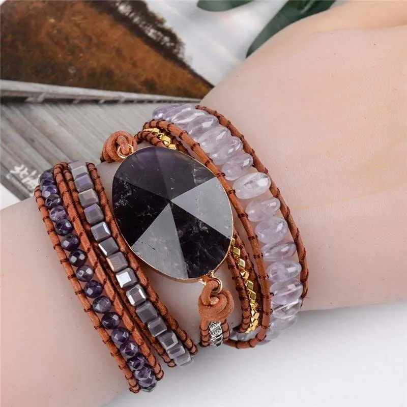 5X Leather Wrap Beaded Bracelet  Boho