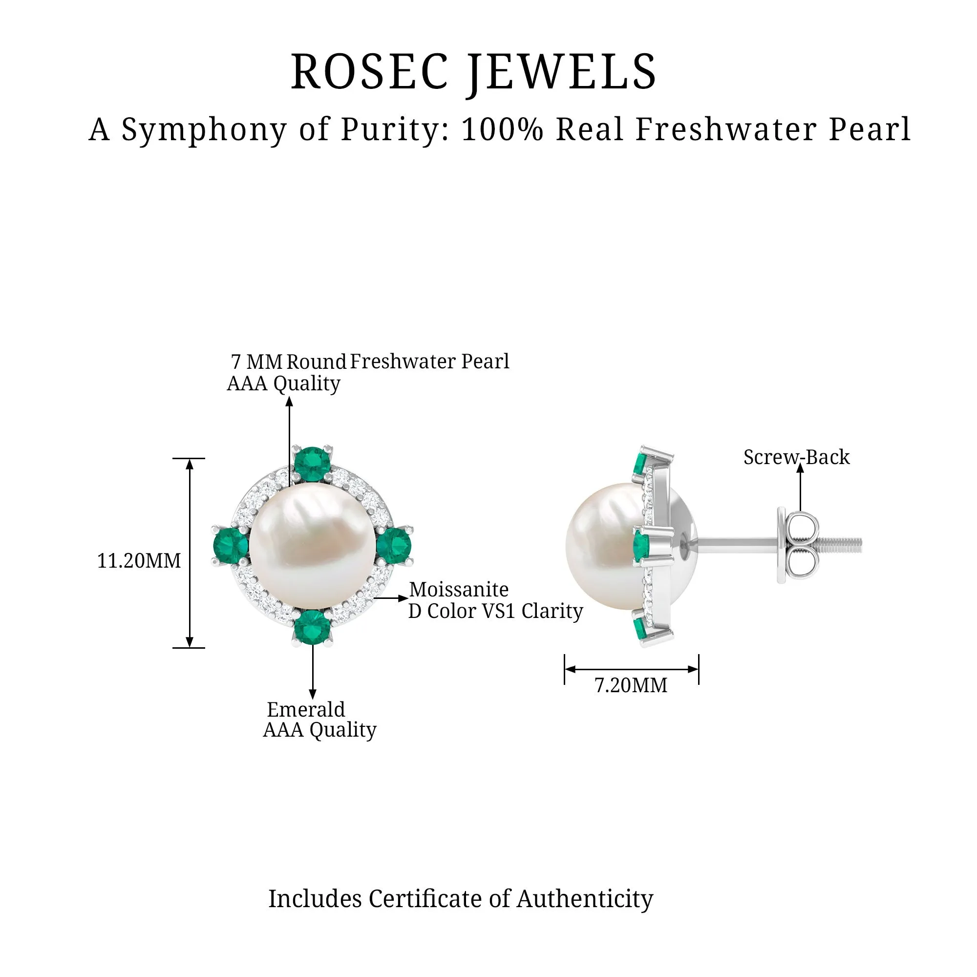 6.50 CT Freshwater Pearl Solitaire Studs with Emerald and Moissanite Halo