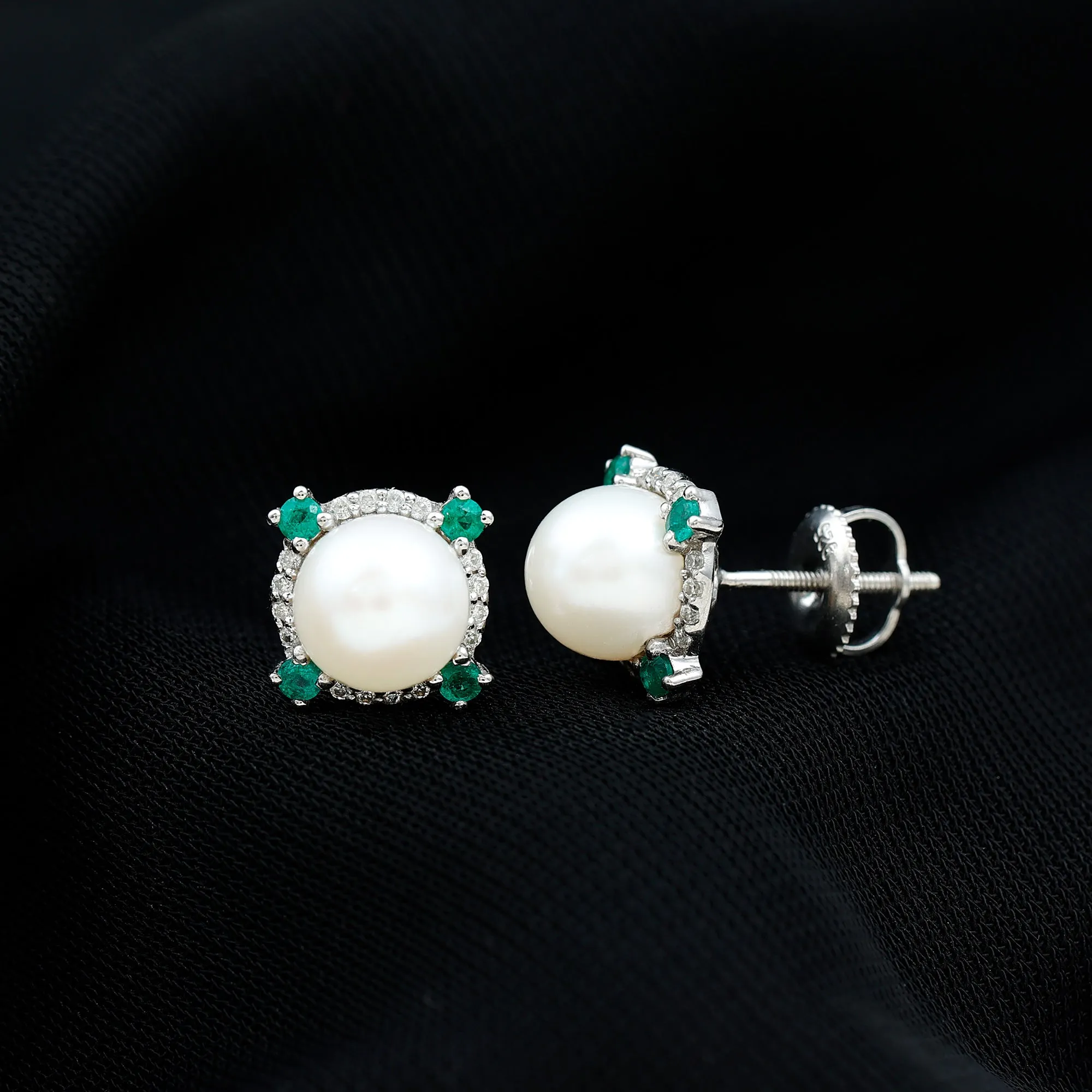 6.50 CT Freshwater Pearl Solitaire Studs with Emerald and Moissanite Halo