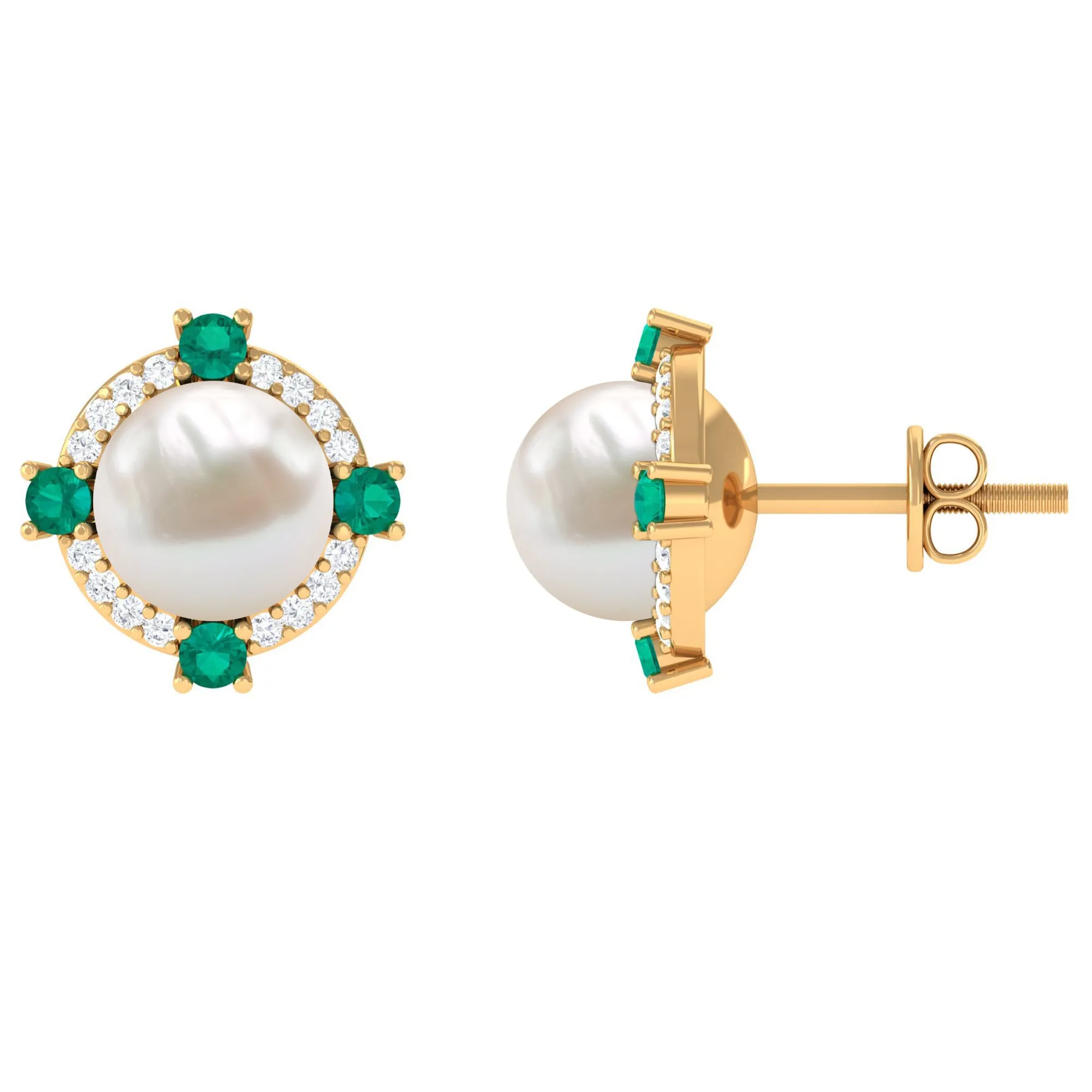 6.50 CT Freshwater Pearl Solitaire Studs with Emerald and Moissanite Halo