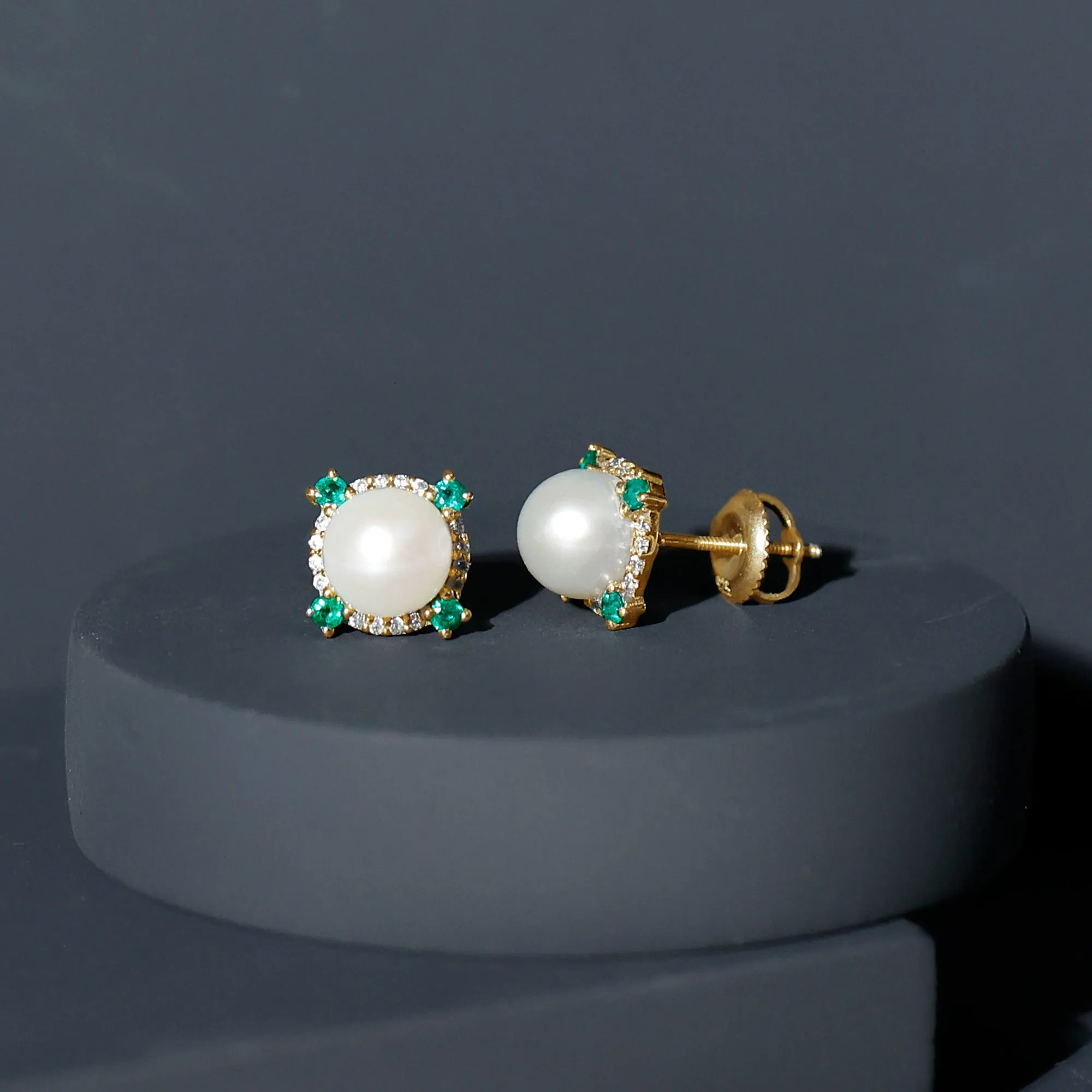 6.50 CT Freshwater Pearl Solitaire Studs with Emerald and Moissanite Halo