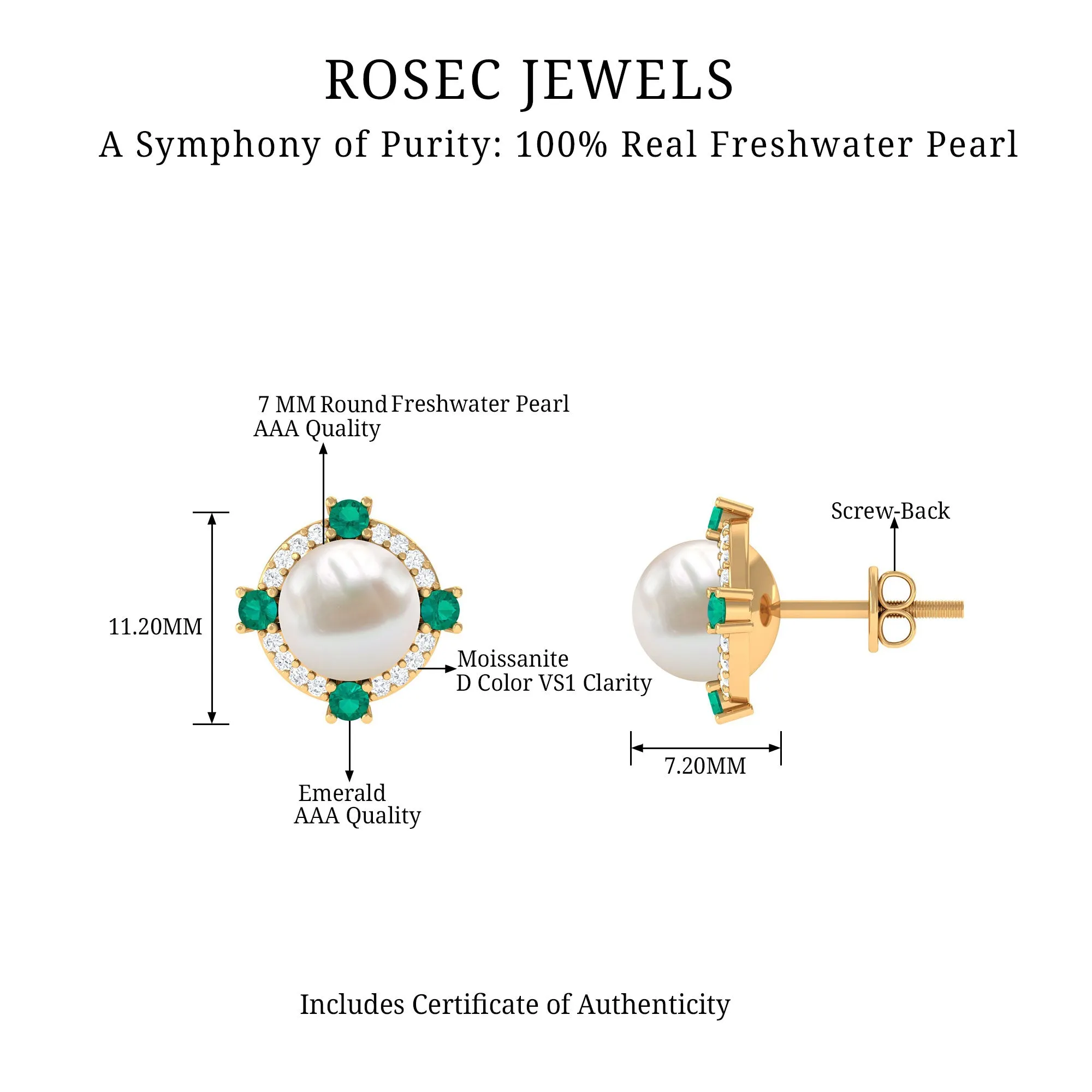 6.50 CT Freshwater Pearl Solitaire Studs with Emerald and Moissanite Halo