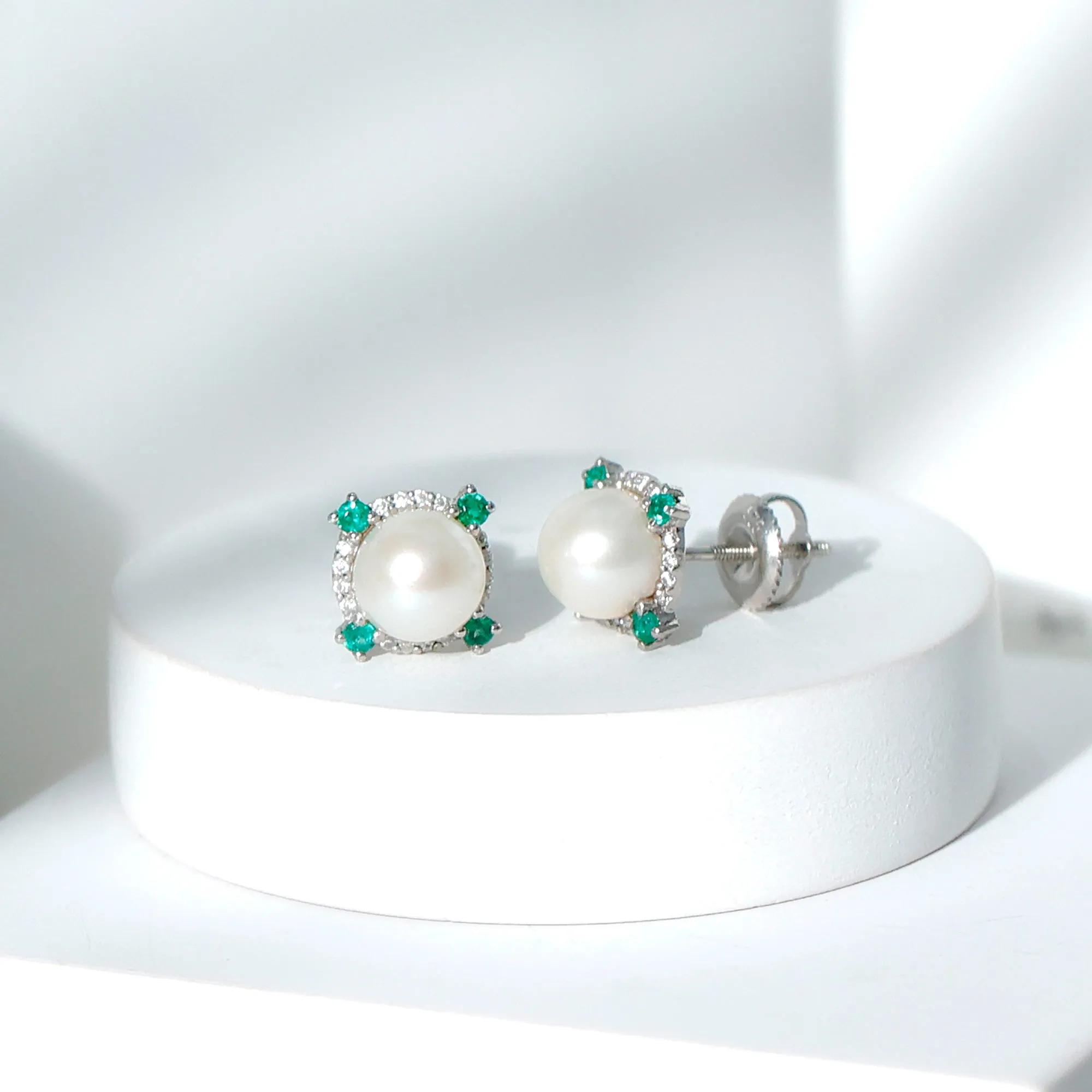 6.50 CT Freshwater Pearl Solitaire Studs with Emerald and Moissanite Halo