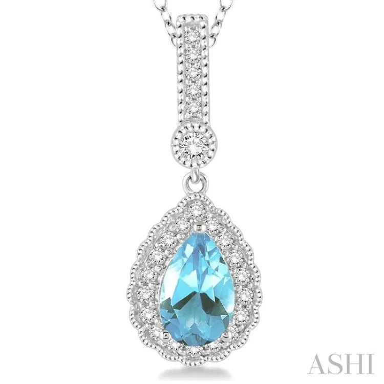 7x5 Pear Shape Aquamarine and 1/5 Ctw Round Cut Diamond Pendant in 14K White Gold with Chain