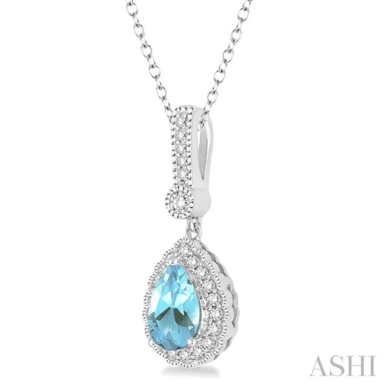 7x5 Pear Shape Aquamarine and 1/5 Ctw Round Cut Diamond Pendant in 14K White Gold with Chain