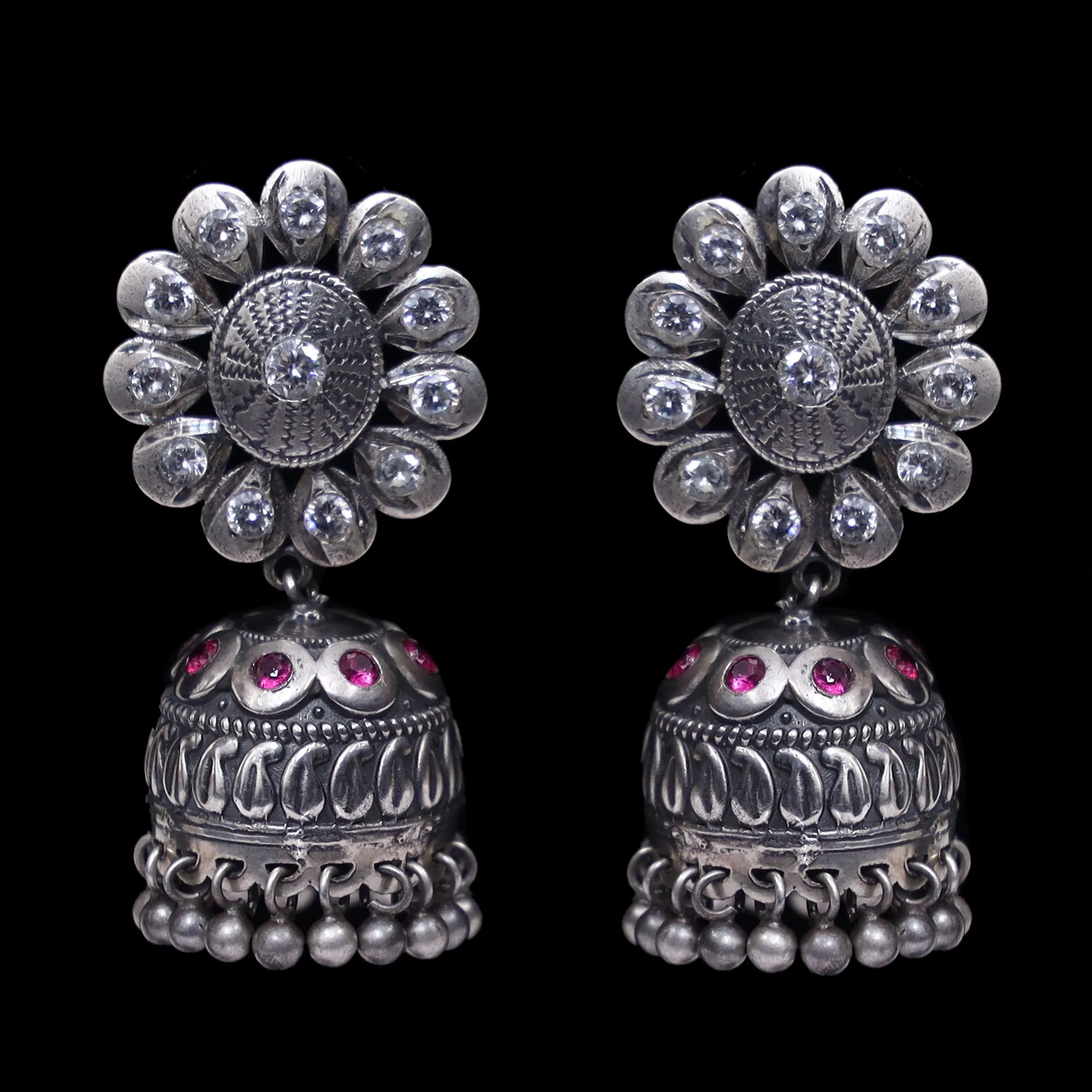 925 Silver Handmade Earring With Ruby Color and Silver Ball Hanging Jhumki