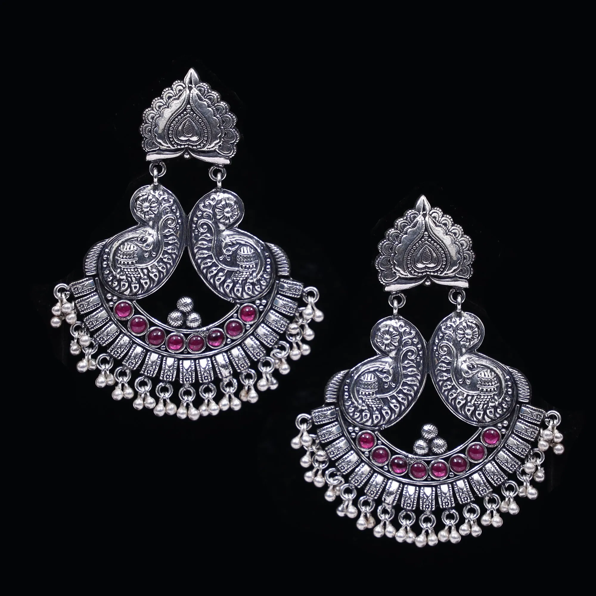 925 Silver Handmade Earring With Ruby Color Stone and Silver Ball Hanging