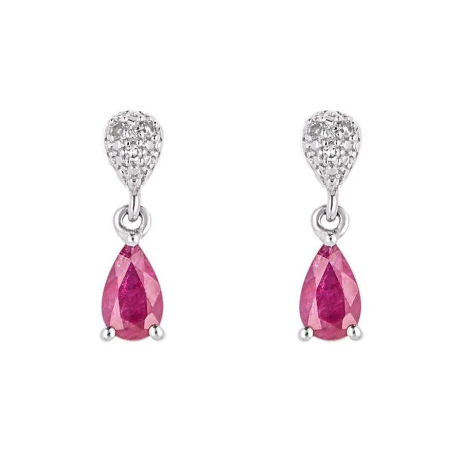 9ct White Gold Pear-Shaped Ruby & Diamond Drop Earrings