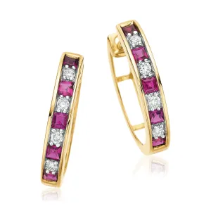 9ct Yellow Gold Round Brilliant Cut Created Ruby & Diamond Set Huggie Earrings